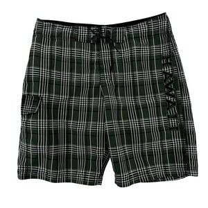 Campus Drive Board Shorts Mens 37 Green Plaid Hawaii Swim Trunks Polyester Beach